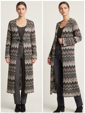Monroe & Main Gray Multi Chevron Long Cardigan